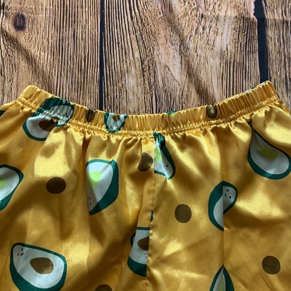 Two Piece Yellow Satin Avocado Print Shortie Pajama Set - Picture 9 of 11